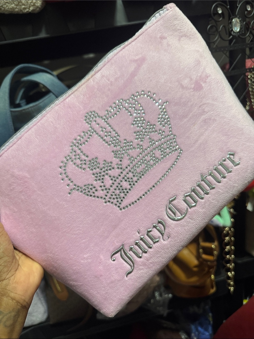 Juicy Couture Pink Velvet Crown Cosmetic Bag with Rhinestone Logo